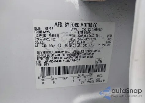 2012 Ford Edge Sel z USA, uszkodzony, nr VIN 2FMDK4JCXCBA78487